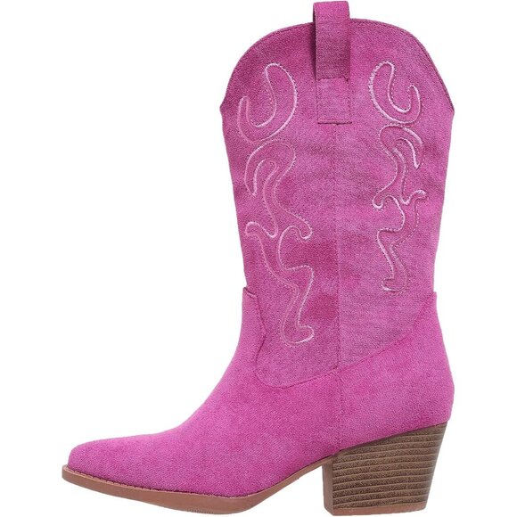 Women Pink Suede Mid Calf Chunky Block Heel Western Embroidered Cowgirl Boot - Picture 3 of 6